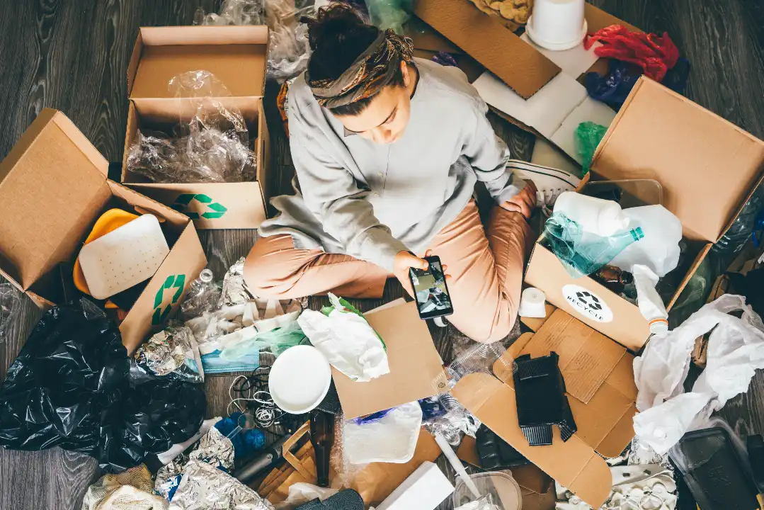 Woman sitting on the floor surrounded by boxes and items while organizing and decluttering